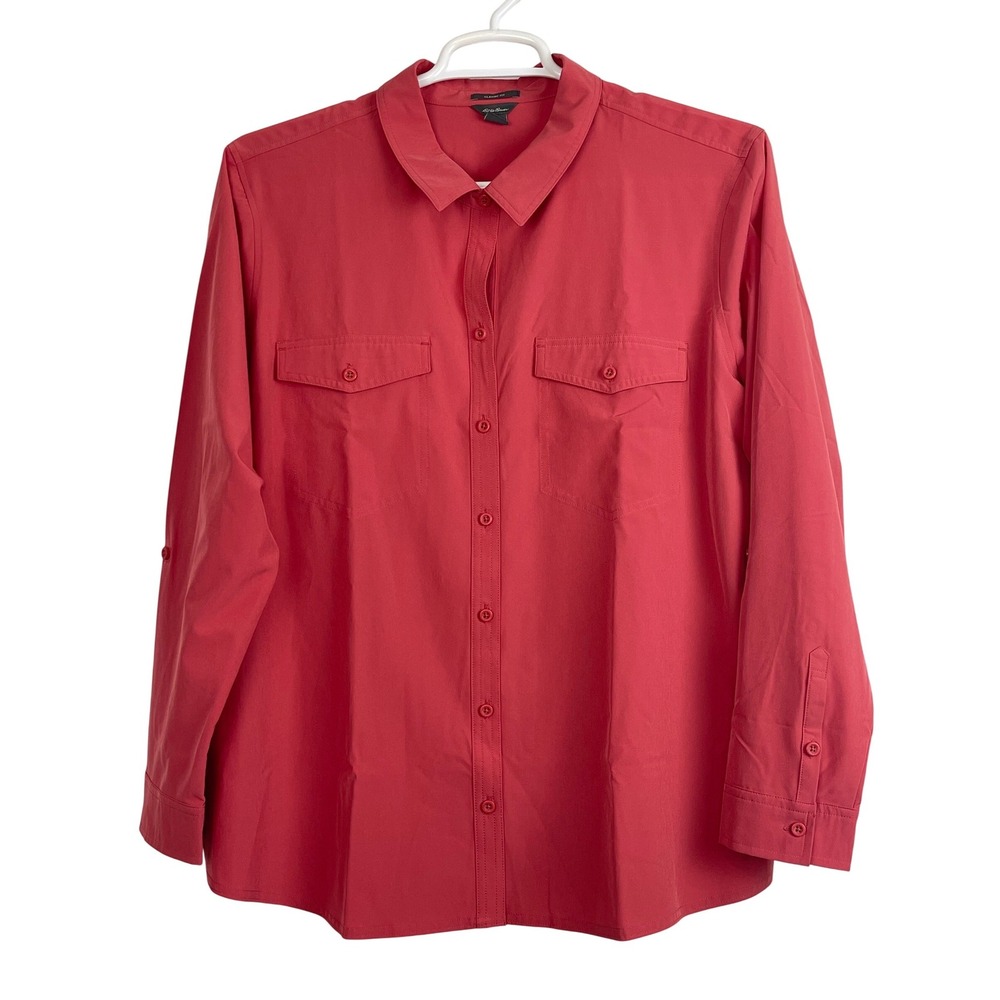 00763 Eddie Bauer Classic Fit Coral Button Down Womens‎ XXL Roll Tab Sleeve